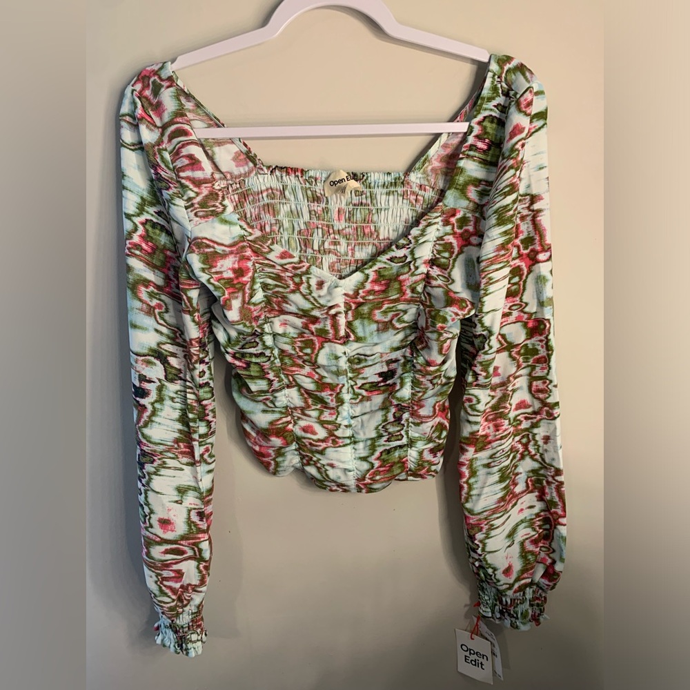 Open Edit Ruched Crop Top In Blue- Green Ripple - Picture 3 of 4